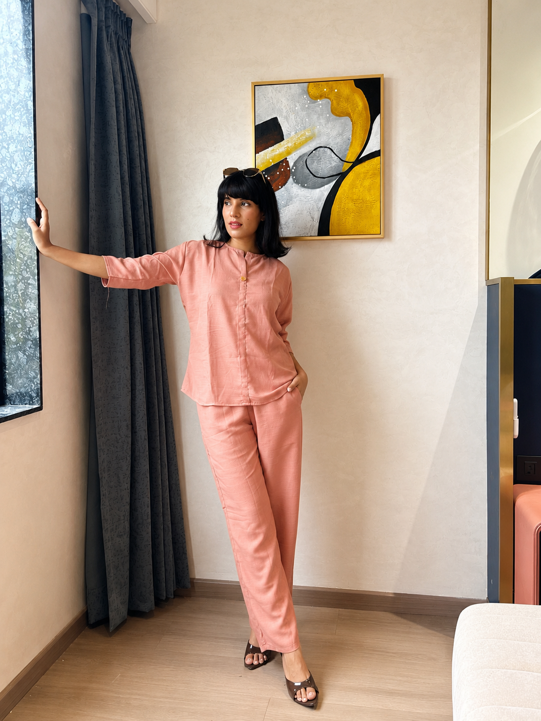 Terracotta Coral Button-Front Co-ord Set with Straight-Leg Trousers