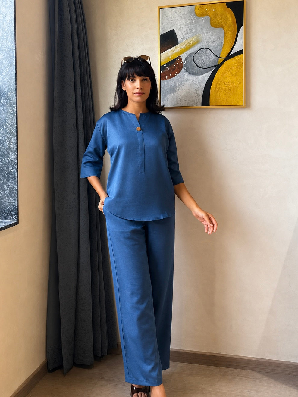 Denim Blue Button-Front Co-ord Set with Wide-Leg Trousers