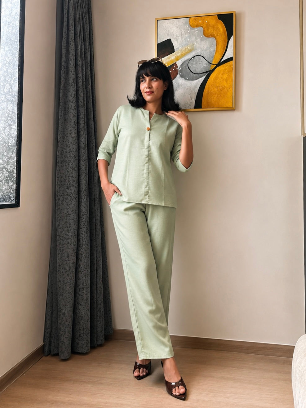 Sage Green Button-Front Co-ord Set with Wide-Leg Trousers