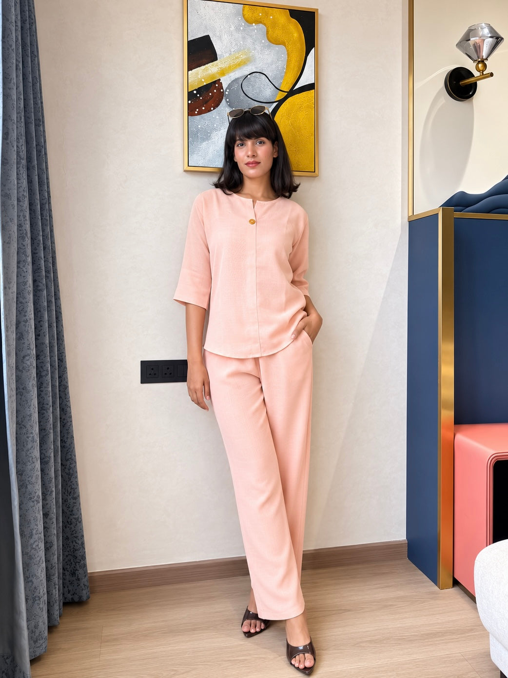Peach Blush Button-Front Co-ord Set with Straight-Leg Trousers