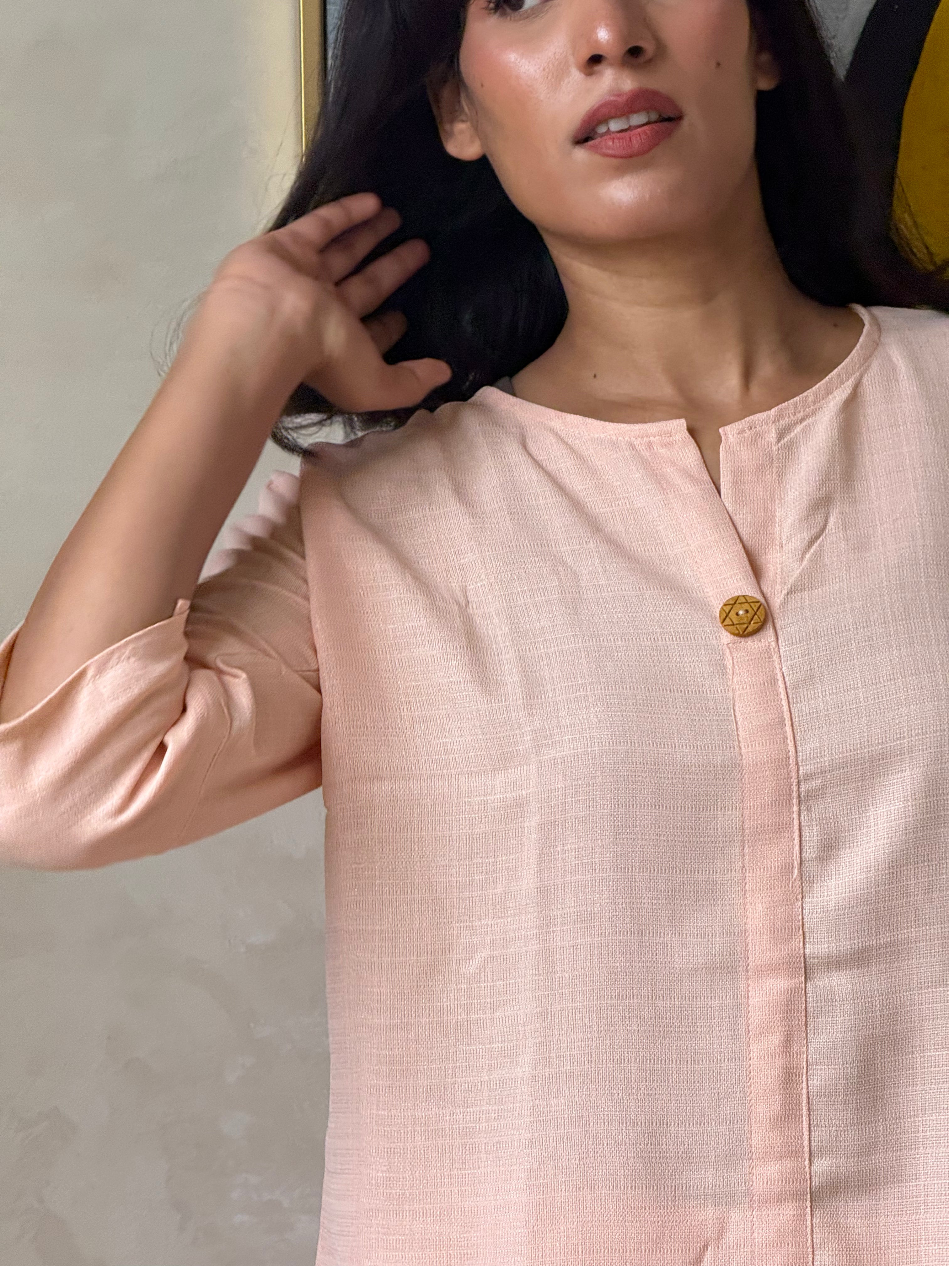 Peach Blush Button-Front Co-ord Set with Straight-Leg Trousers