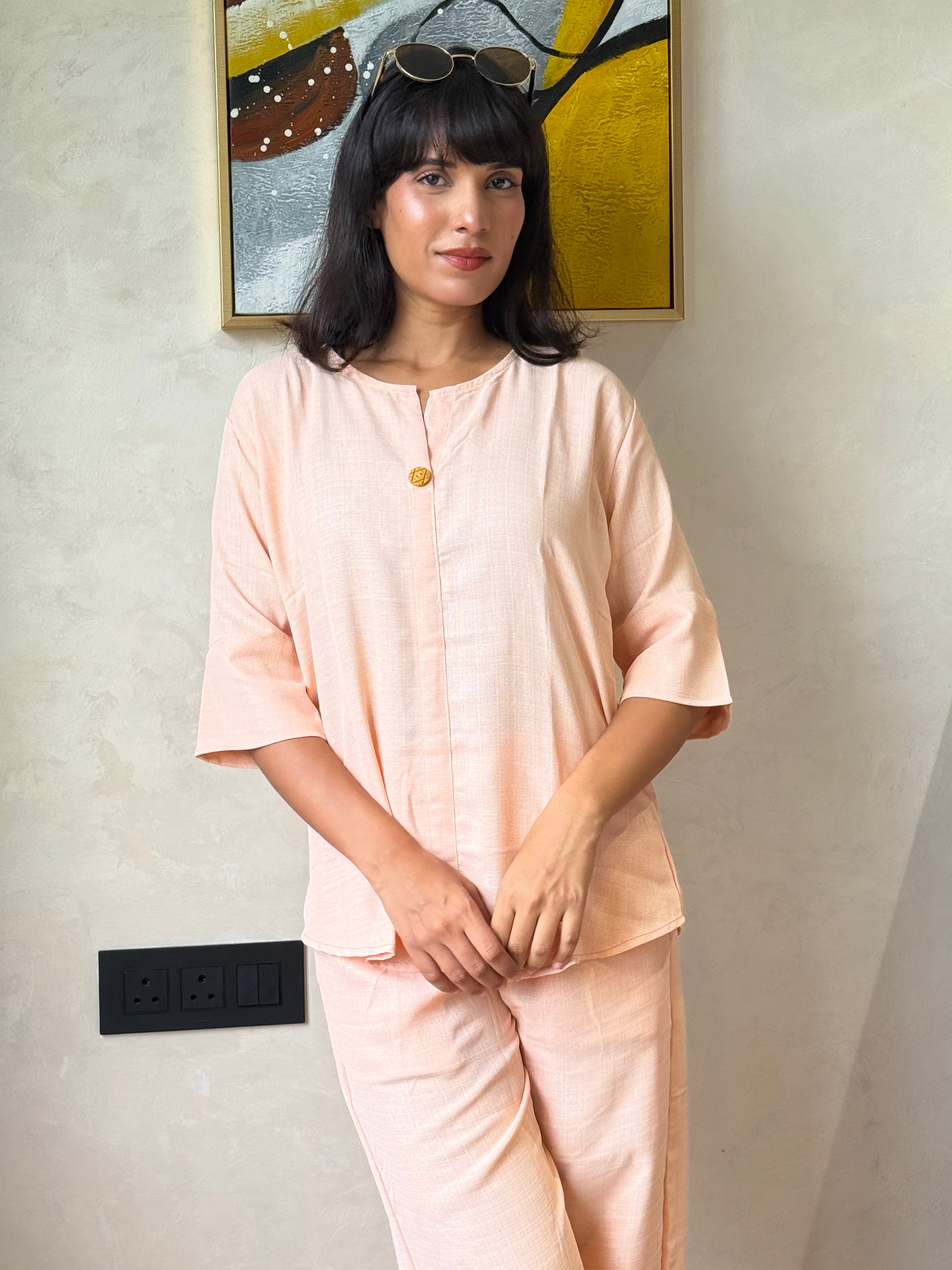 Peach Blush Button-Front Co-ord Set with Straight-Leg Trousers