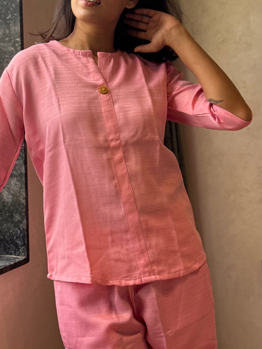 Pink Button-Front Co-ord Set with Wide-Leg Trousers