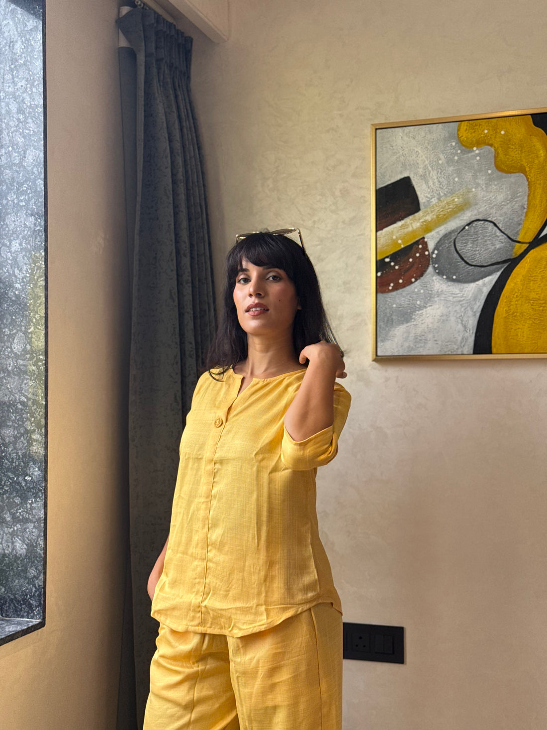 Mustard Yellow Button-Front Co-ord Set with Wide-Leg Trousers