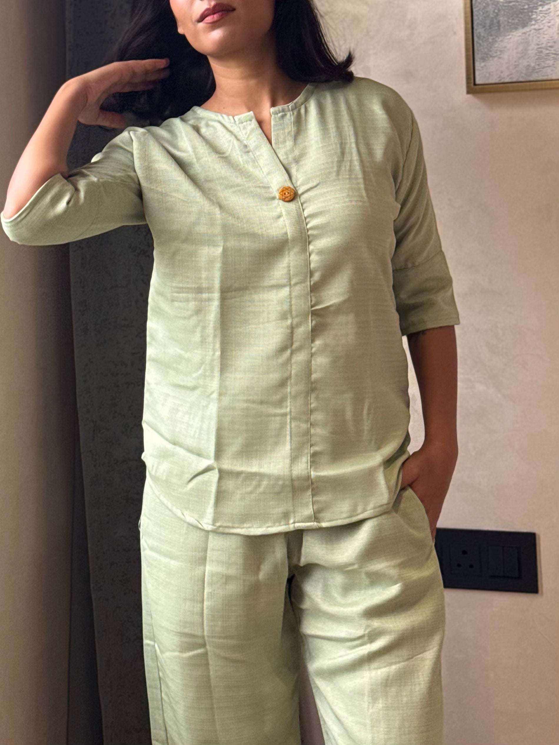 Sage Green Button-Front Co-ord Set with Wide-Leg Trousers