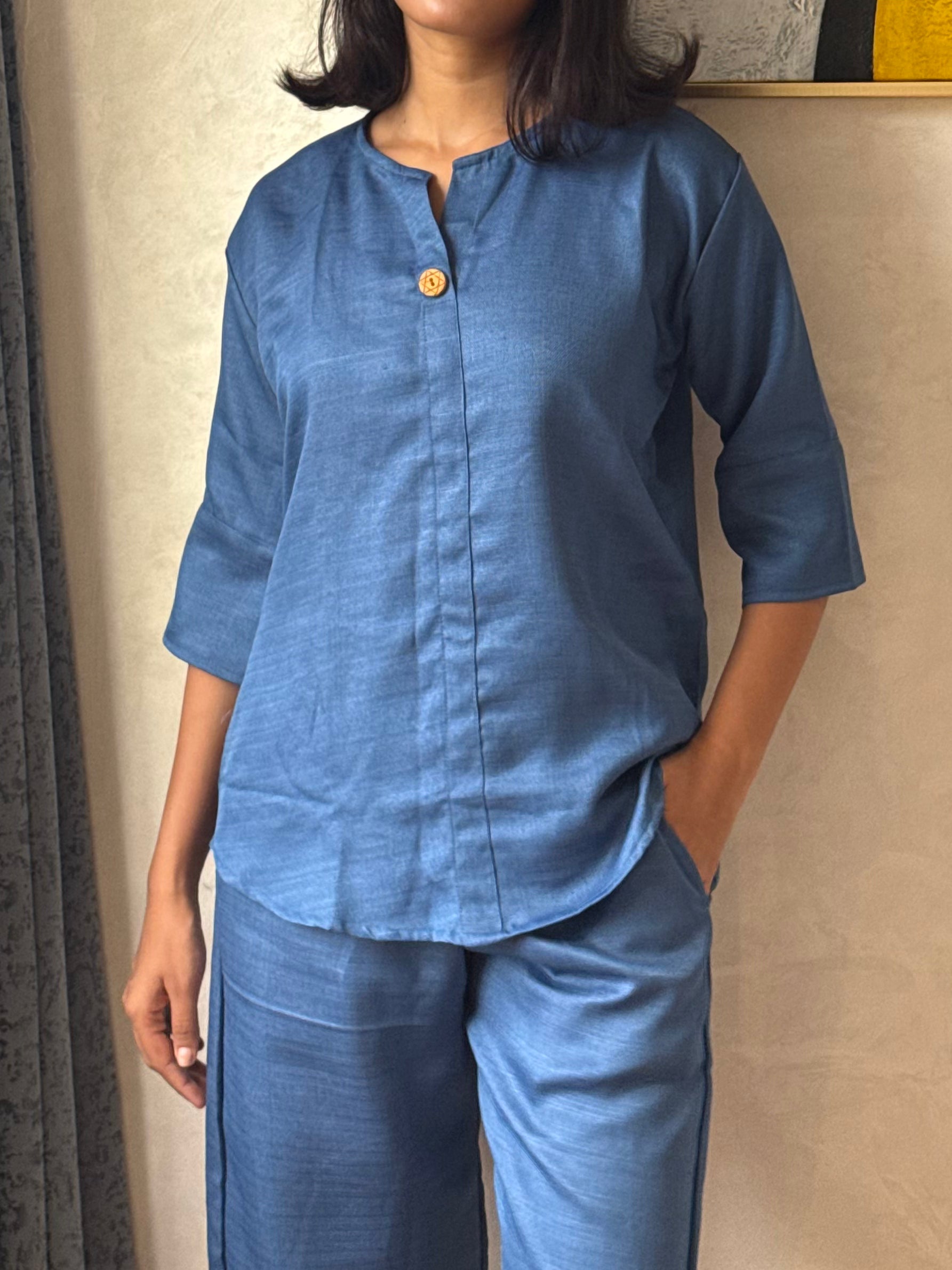 Denim Blue Button-Front Co-ord Set with Wide-Leg Trousers