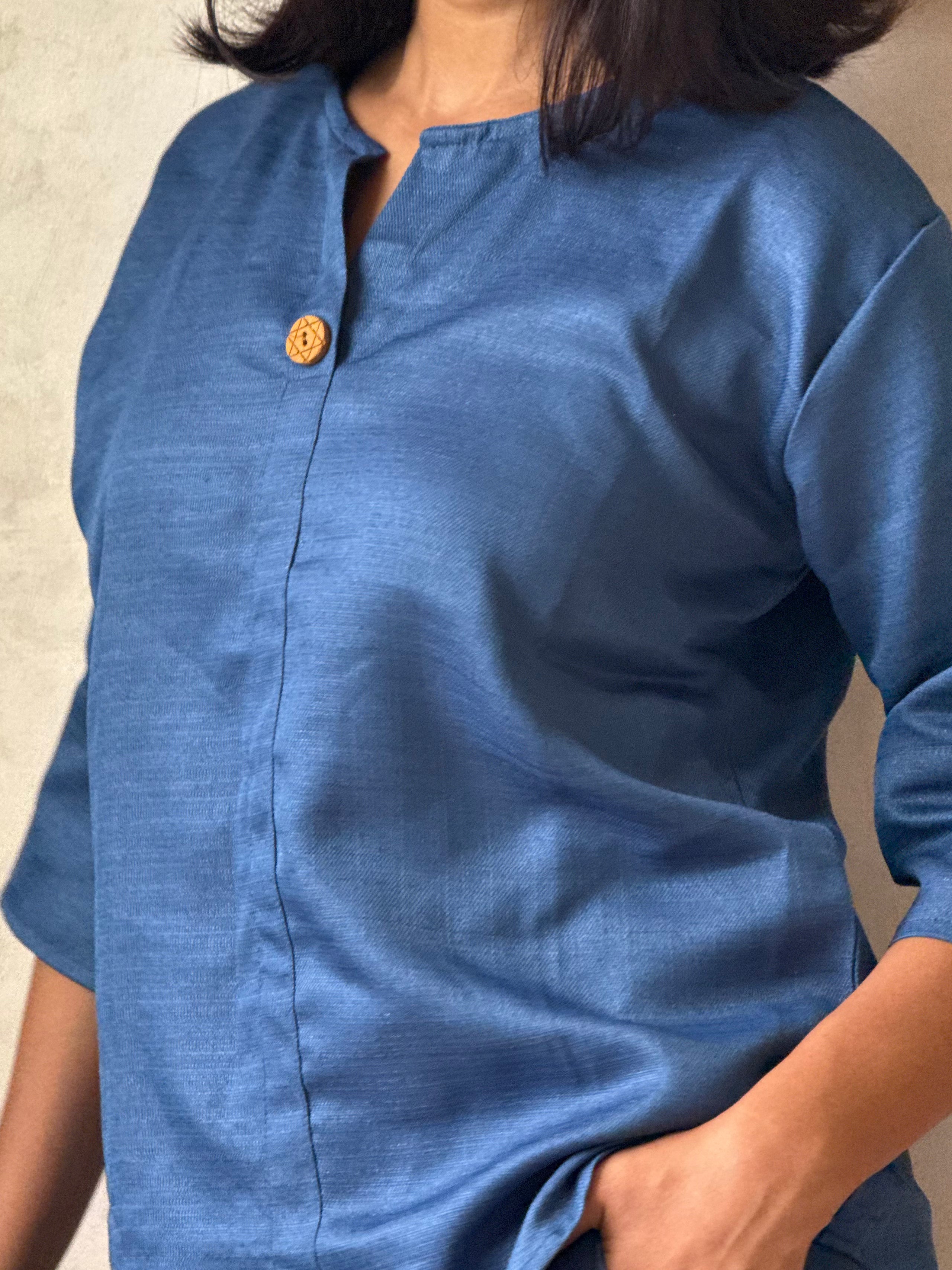 Denim Blue Button-Front Co-ord Set with Wide-Leg Trousers