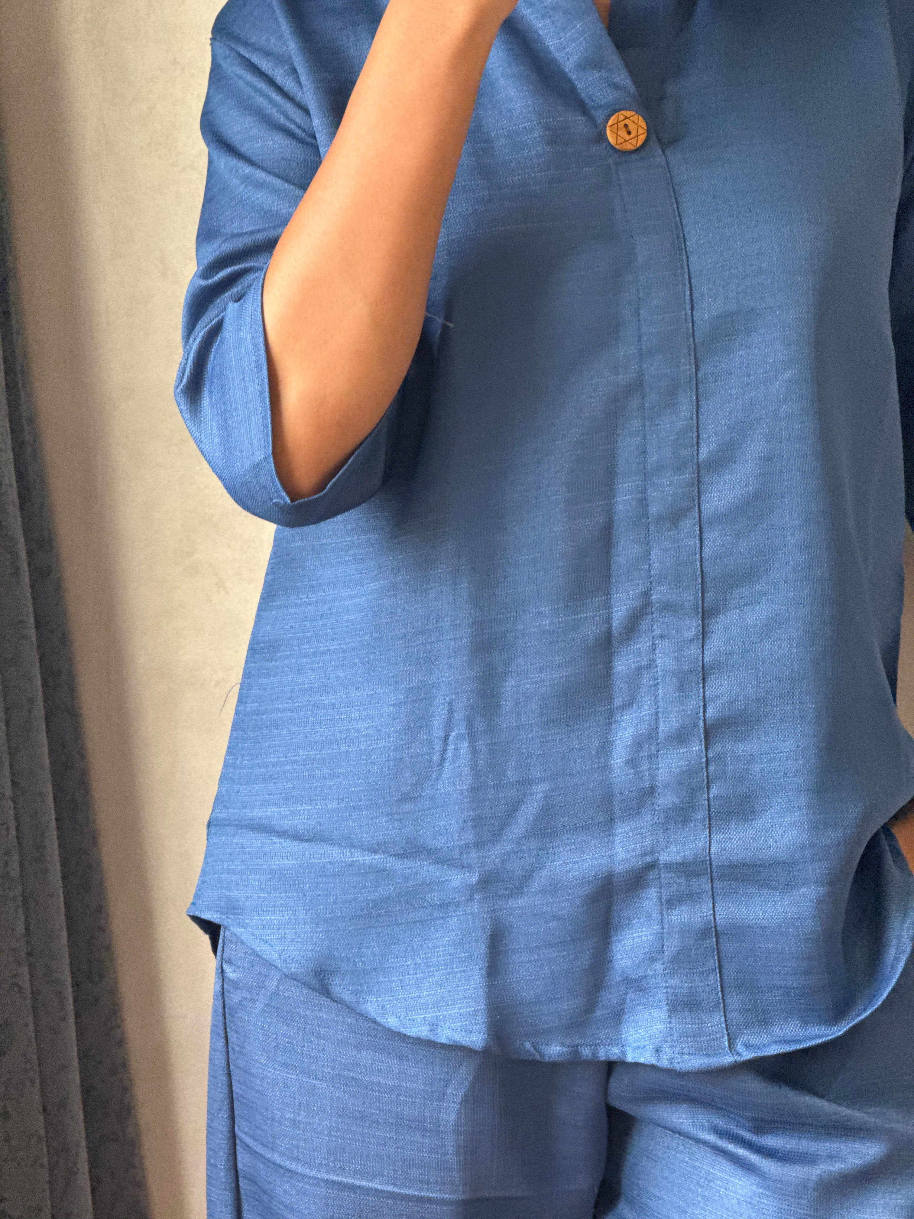 Denim Blue Button-Front Co-ord Set with Wide-Leg Trousers