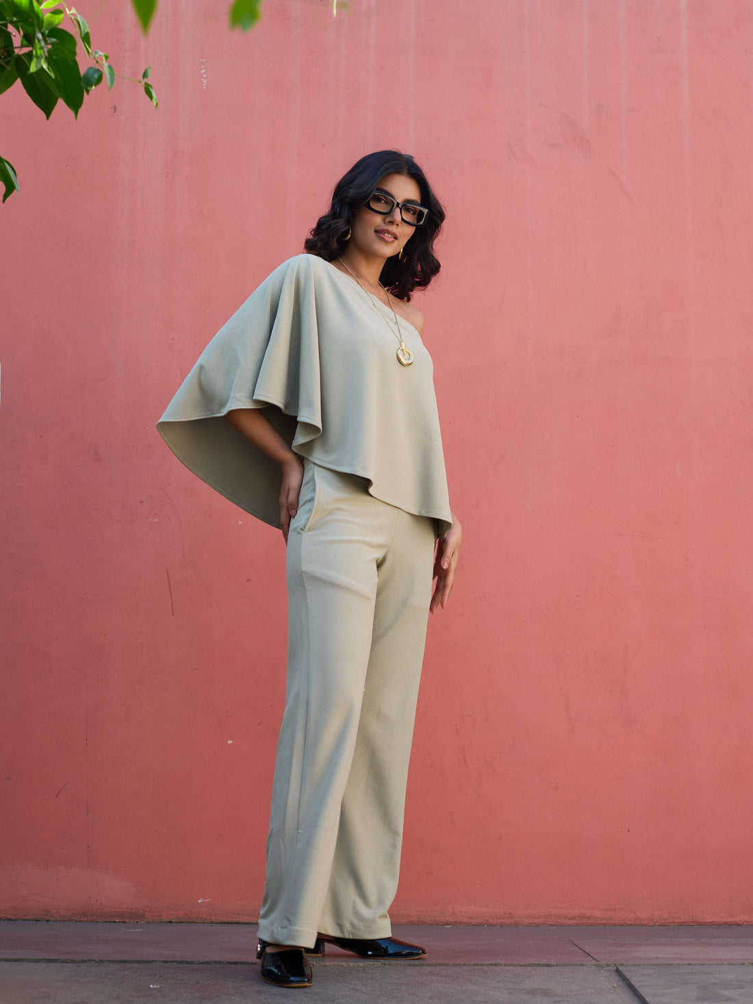 The Elite One-Shoulder Coord in a soft Sage Green