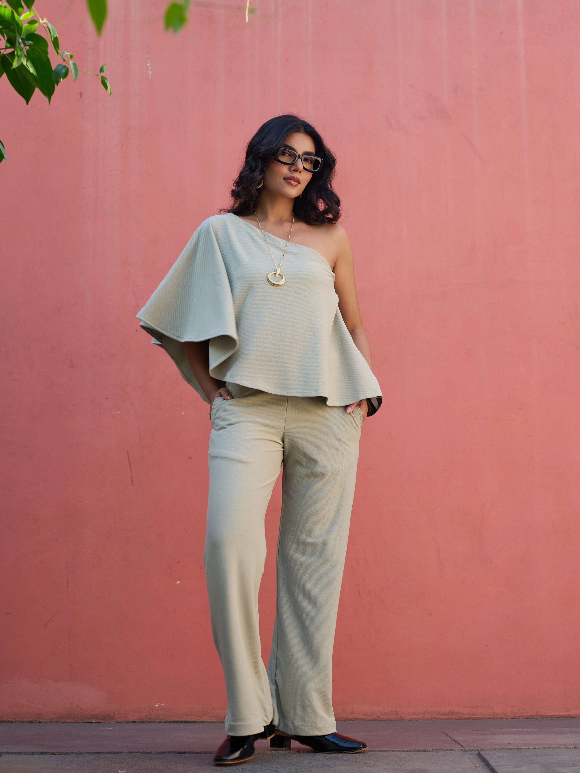 The Elite One-Shoulder Coord in a soft Sage Green