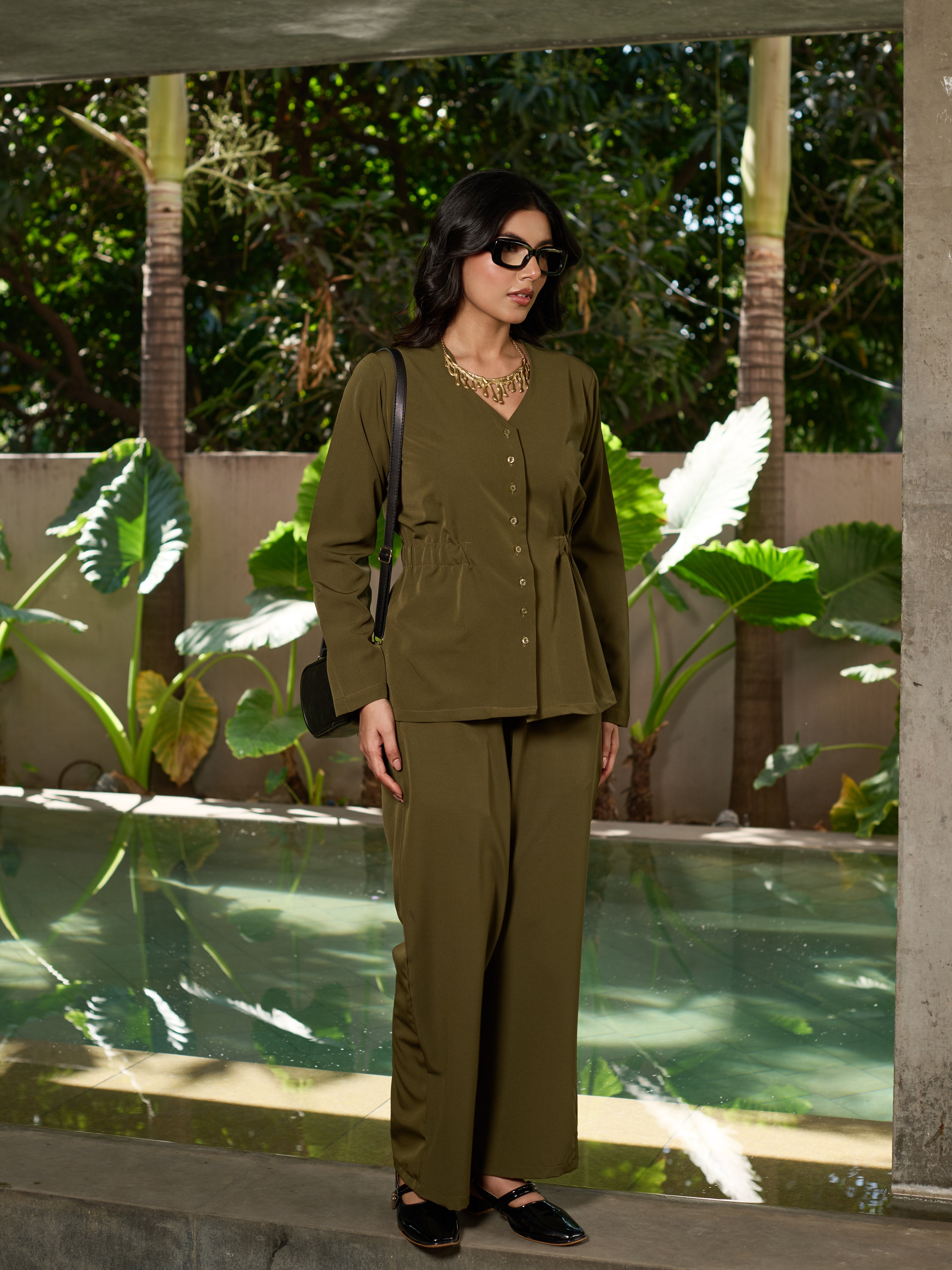 The Boardroom Peplum Coord Set in Deep Olive
