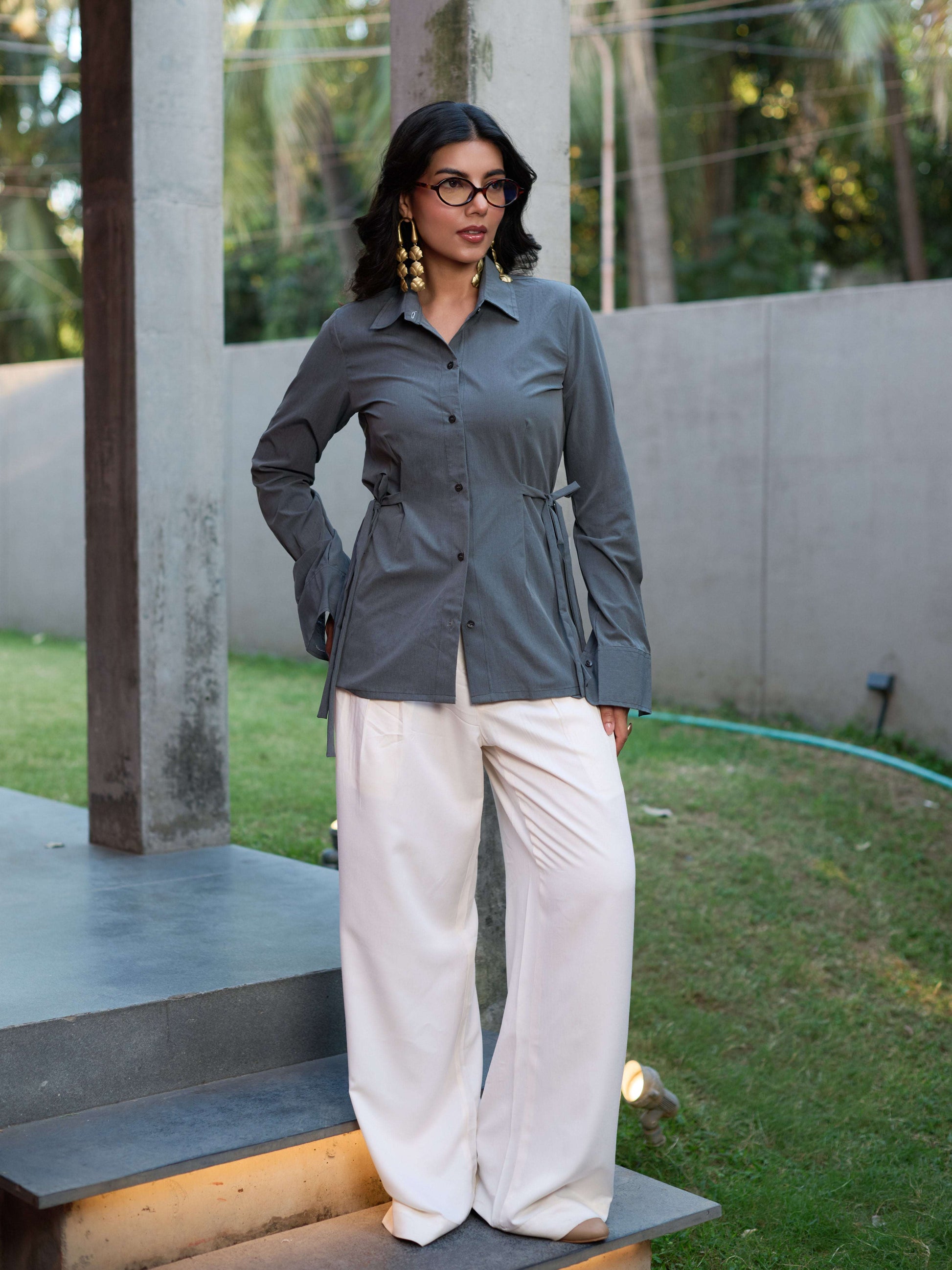 Structured Waist-Tie Shirt - Slate Grey