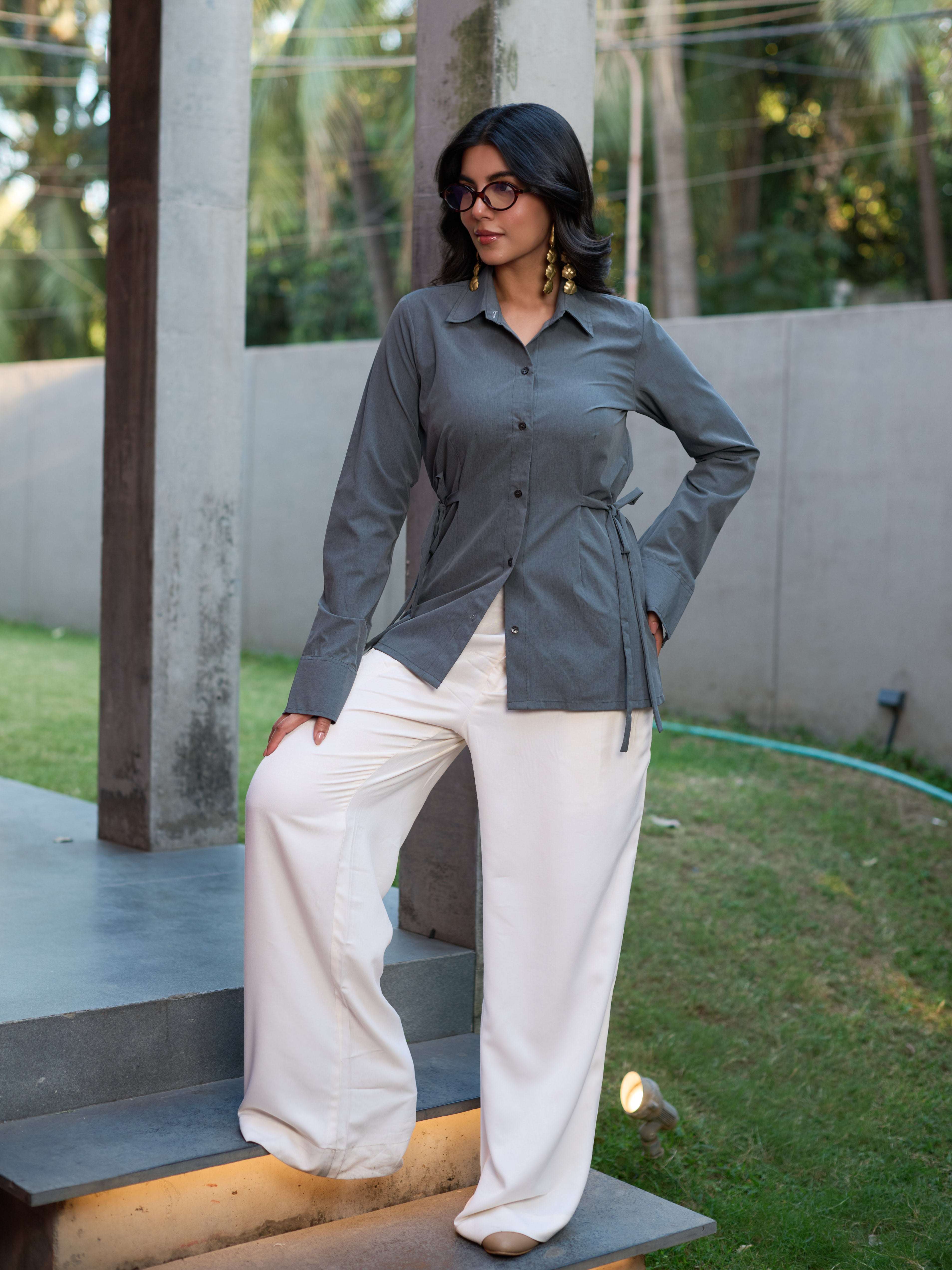 Structured Waist-Tie Shirt - Slate Grey