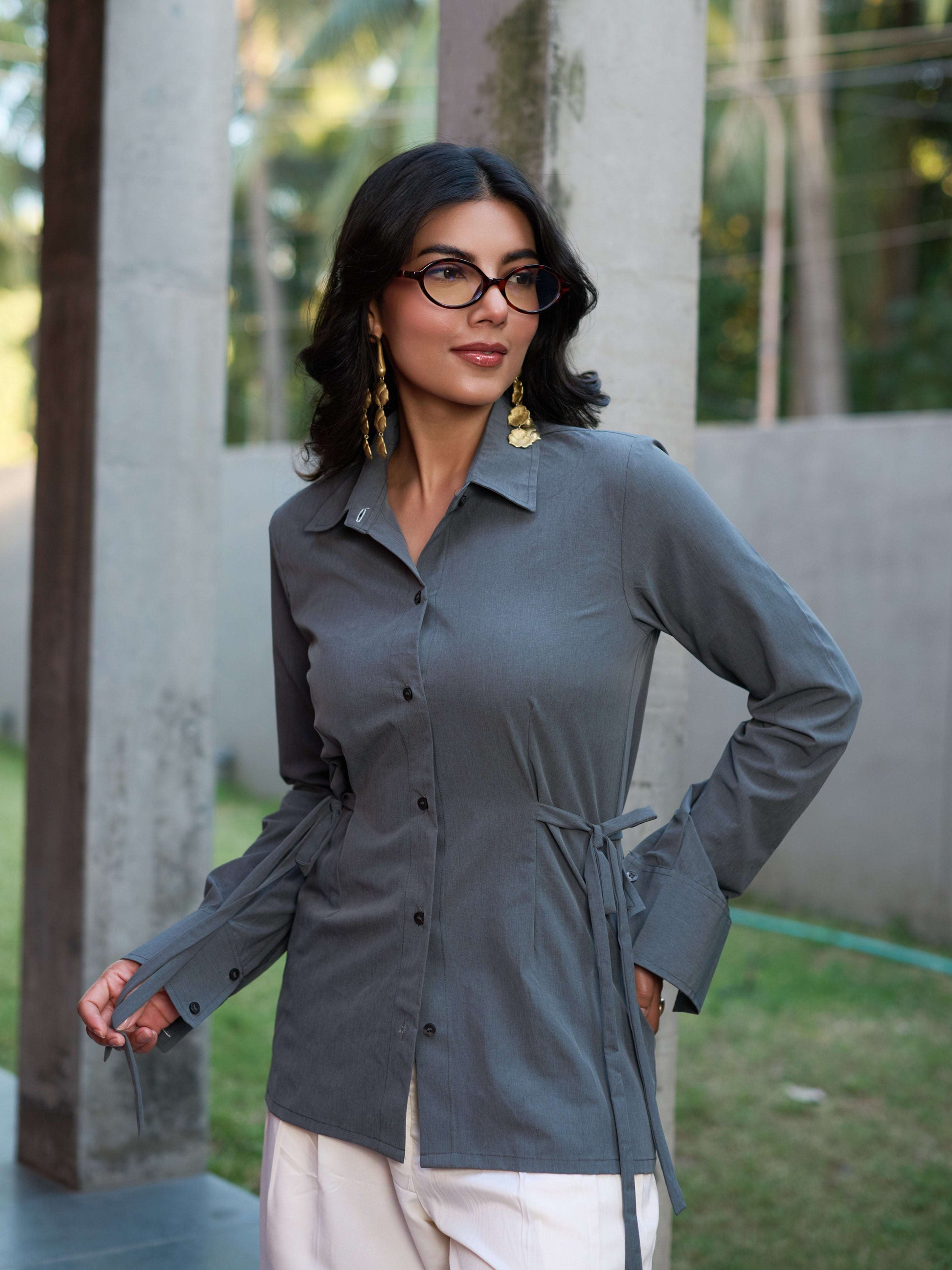 Structured Waist-Tie Shirt - Slate Grey