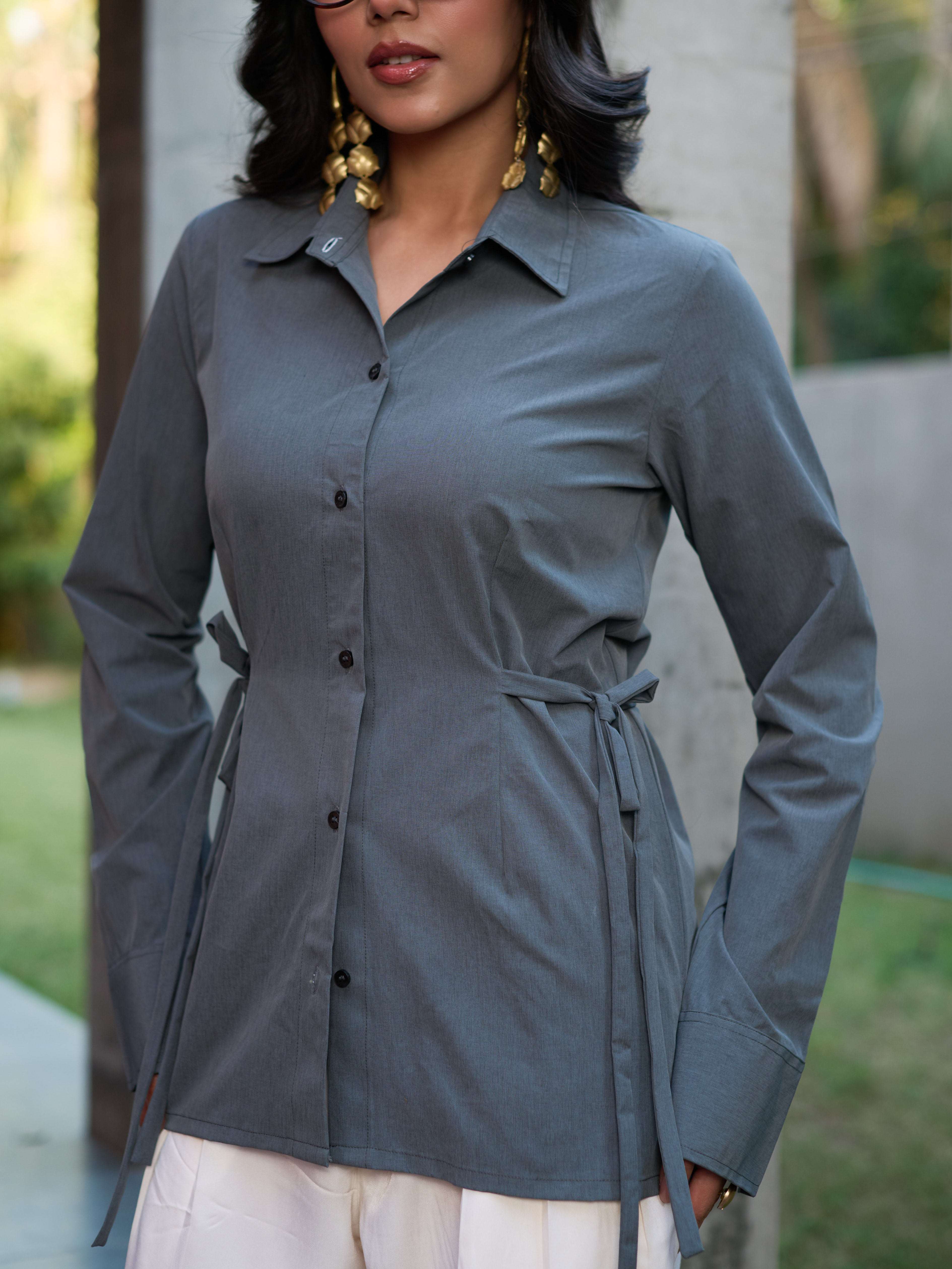 Structured Waist-Tie Shirt - Slate Grey