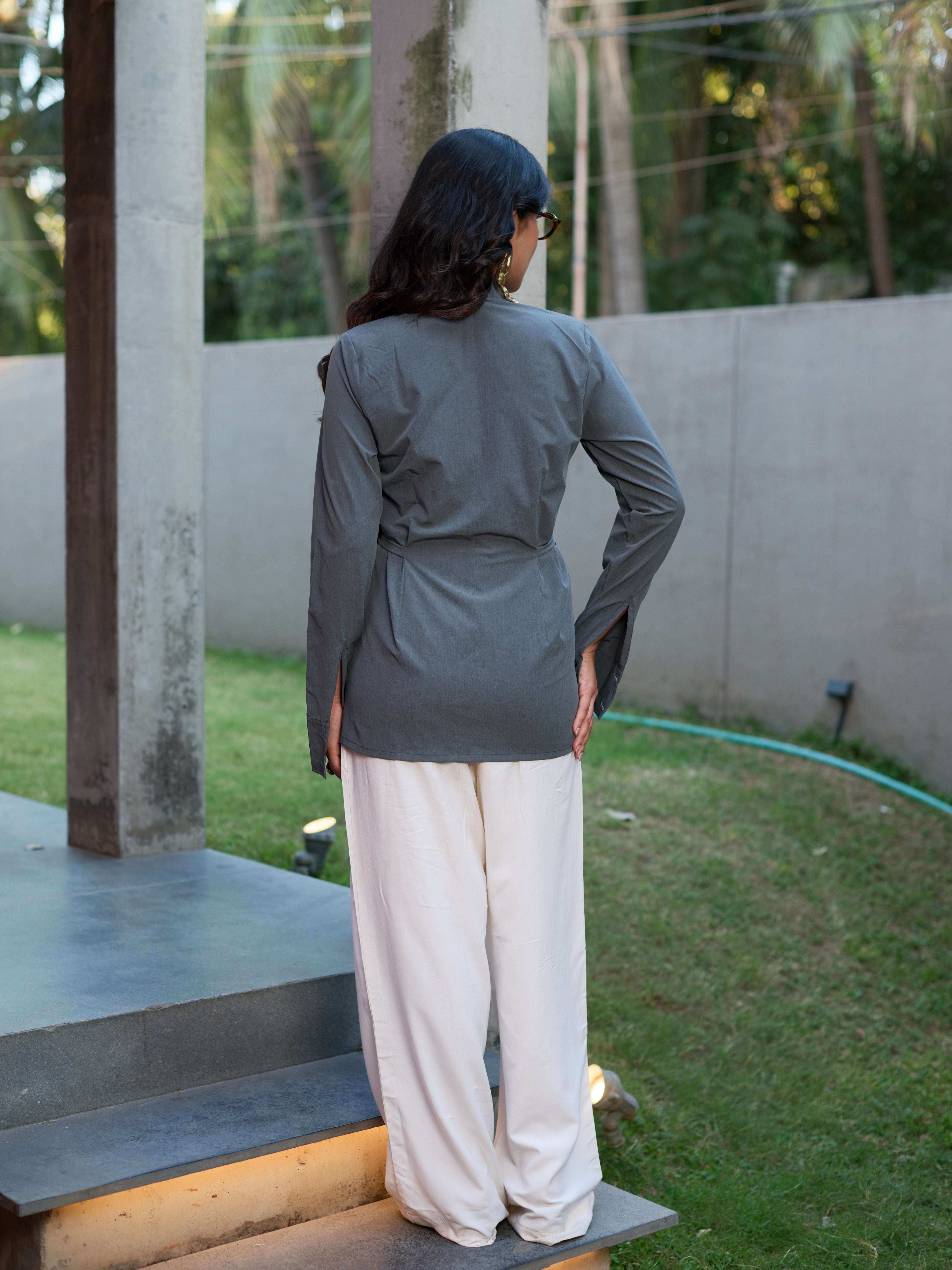 Structured Waist-Tie Shirt - Slate Grey