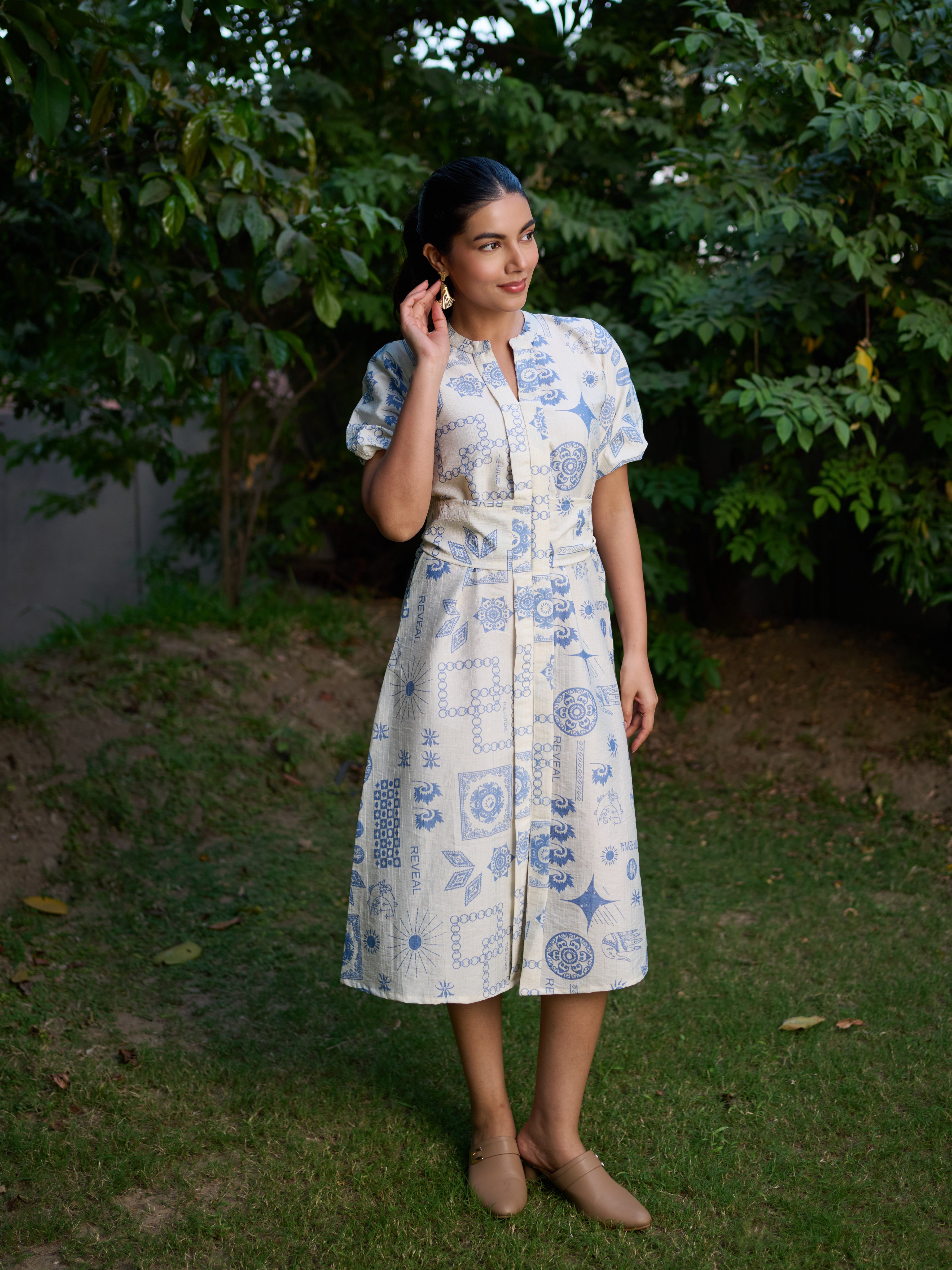 The Perspective Dress White with Blue Geometric Print