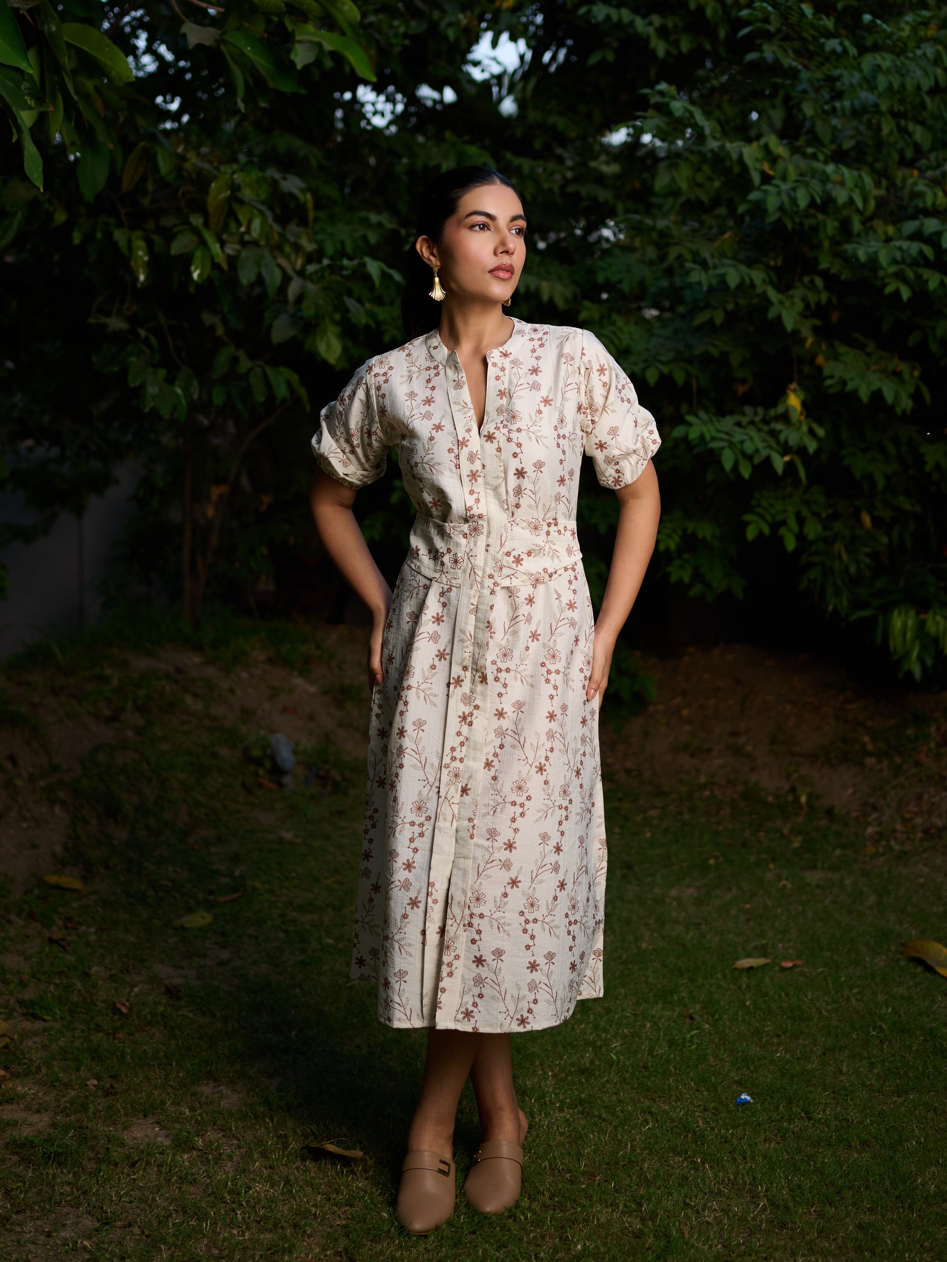 The Perspective Dress in Cream with Rust Floral Print