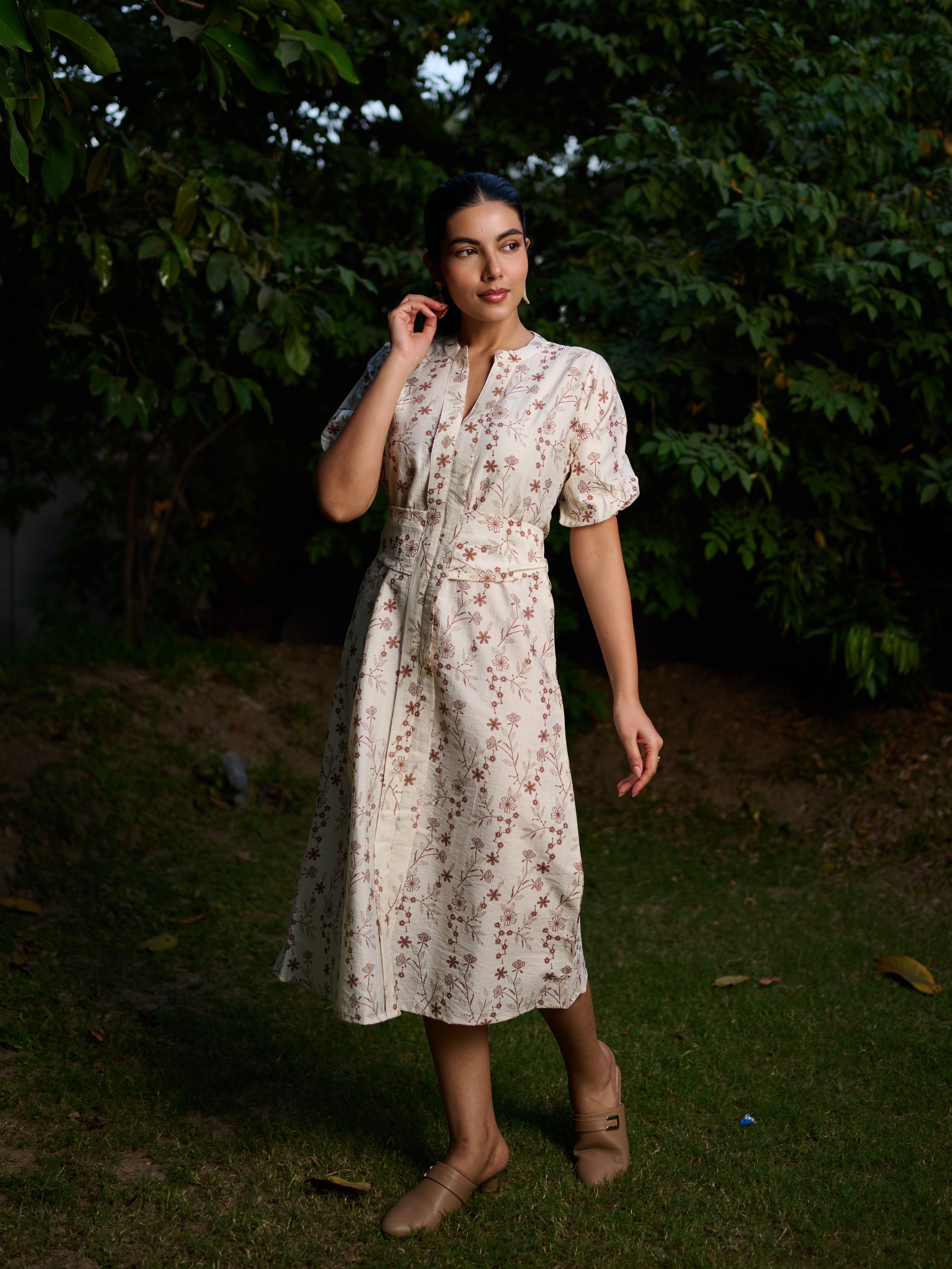 The Perspective Dress in Cream with Rust Floral Print