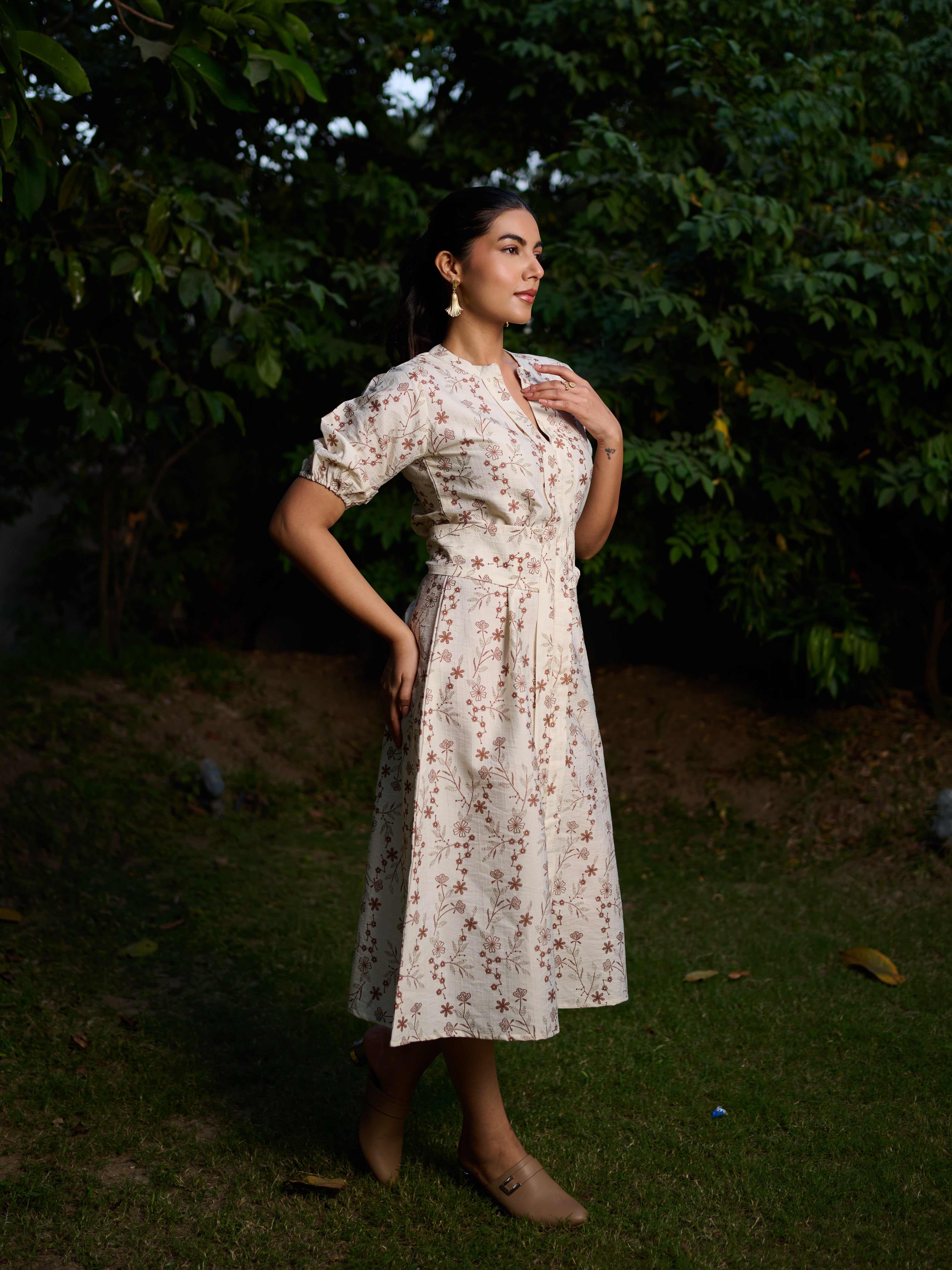 The Perspective Dress in Cream with Rust Floral Print