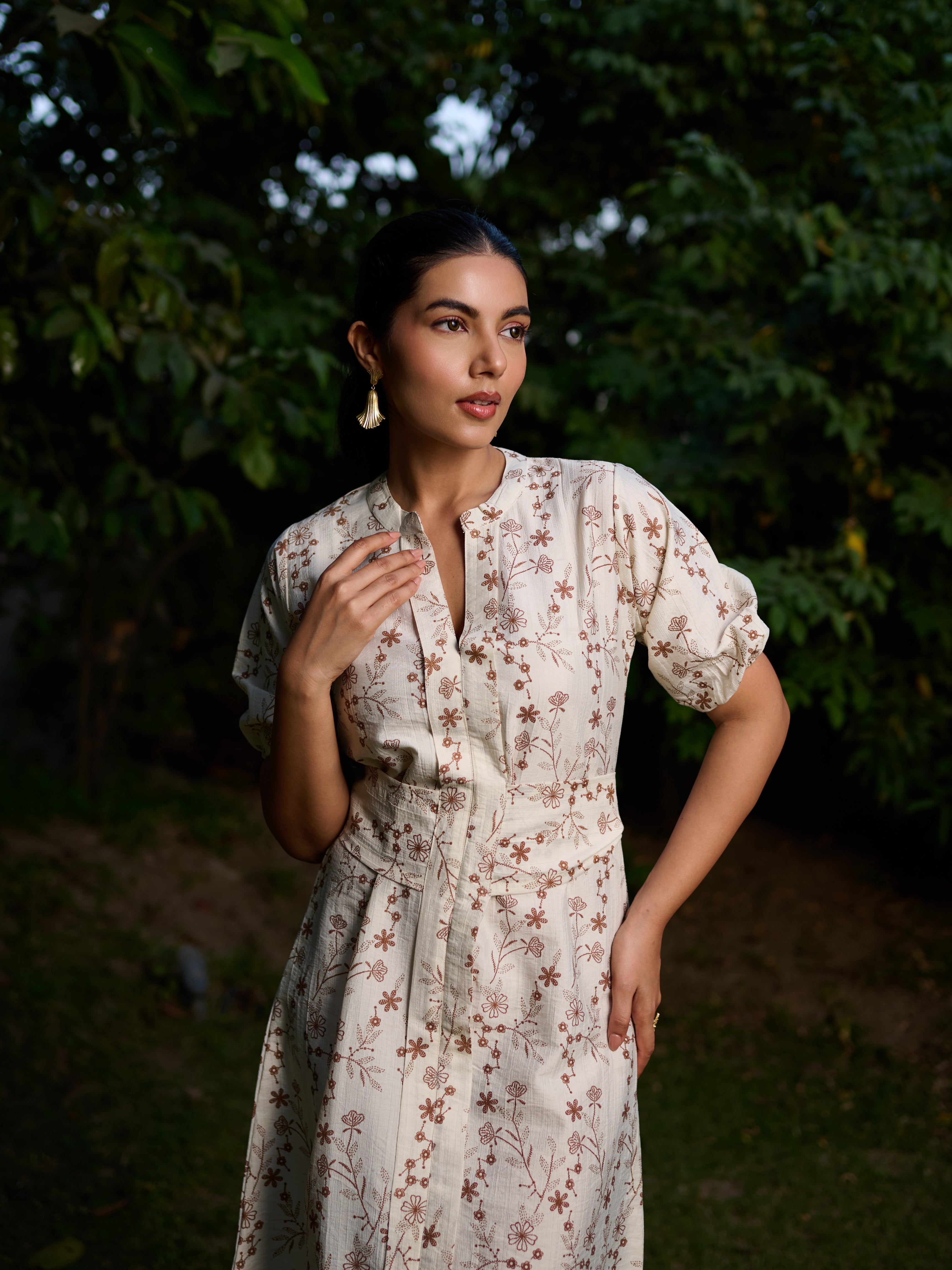 The Perspective Dress in Cream with Rust Floral Print