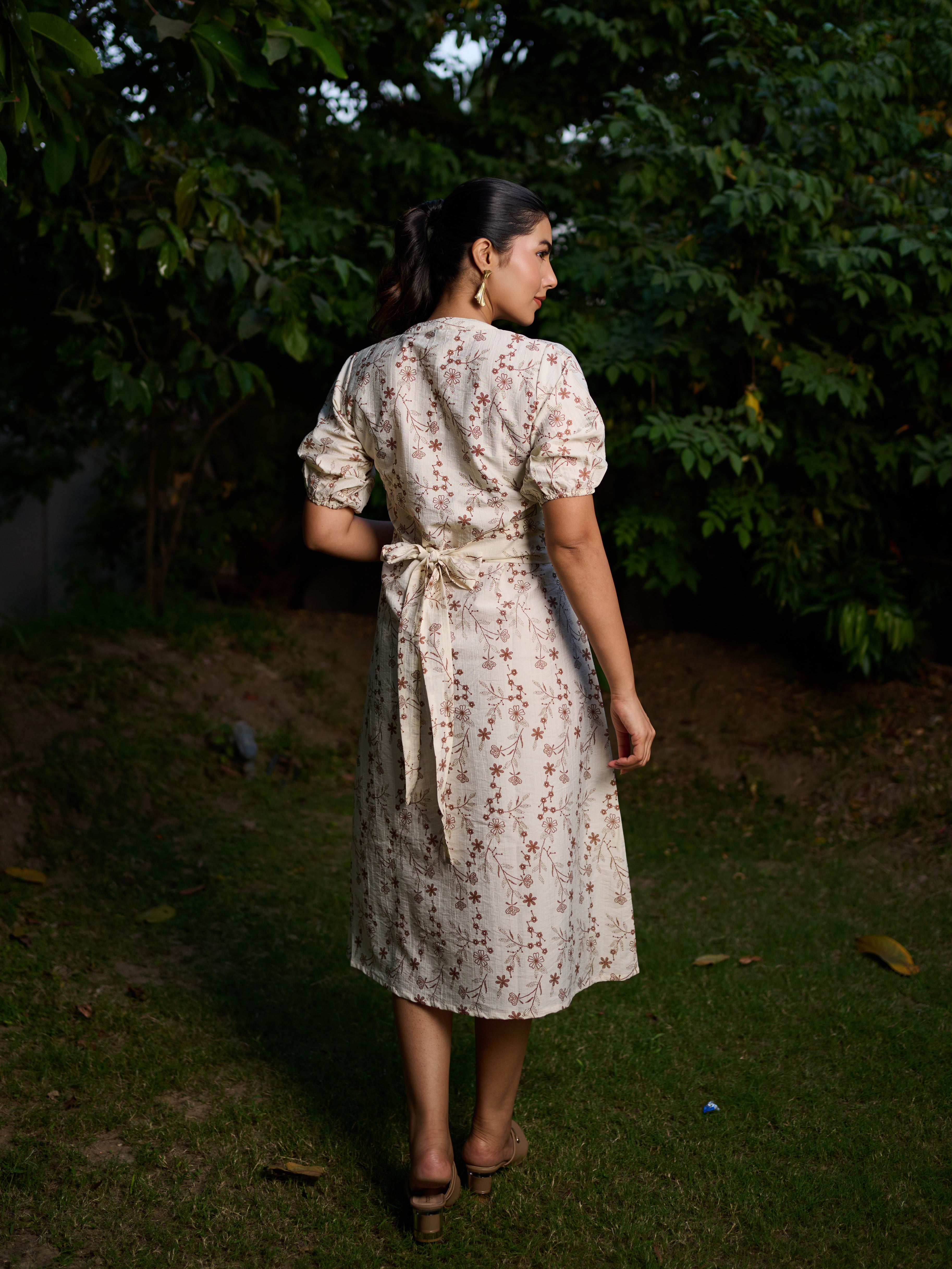 The Perspective Dress in Cream with Rust Floral Print